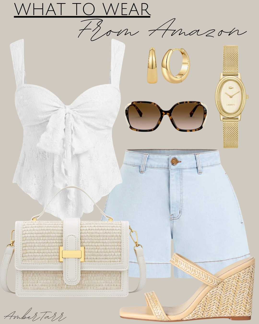 This fresh white and light blue outfit from Amazon is the ultimate spring and summer style. The white tie-front crop top paired with light blue denim shorts creates an effortlessly chic vibe that's perfect for casual outings. Add a cream woven crossbody bag, tortoiseshell sunglasses, and gold accessories like chunky hoop earrings to elevate the look. Finish with natural straw wedge sandals for a polished, resort-ready aesthetic that works for any occasion.

#LTKmomlife #LTKOver40 #LTKootd