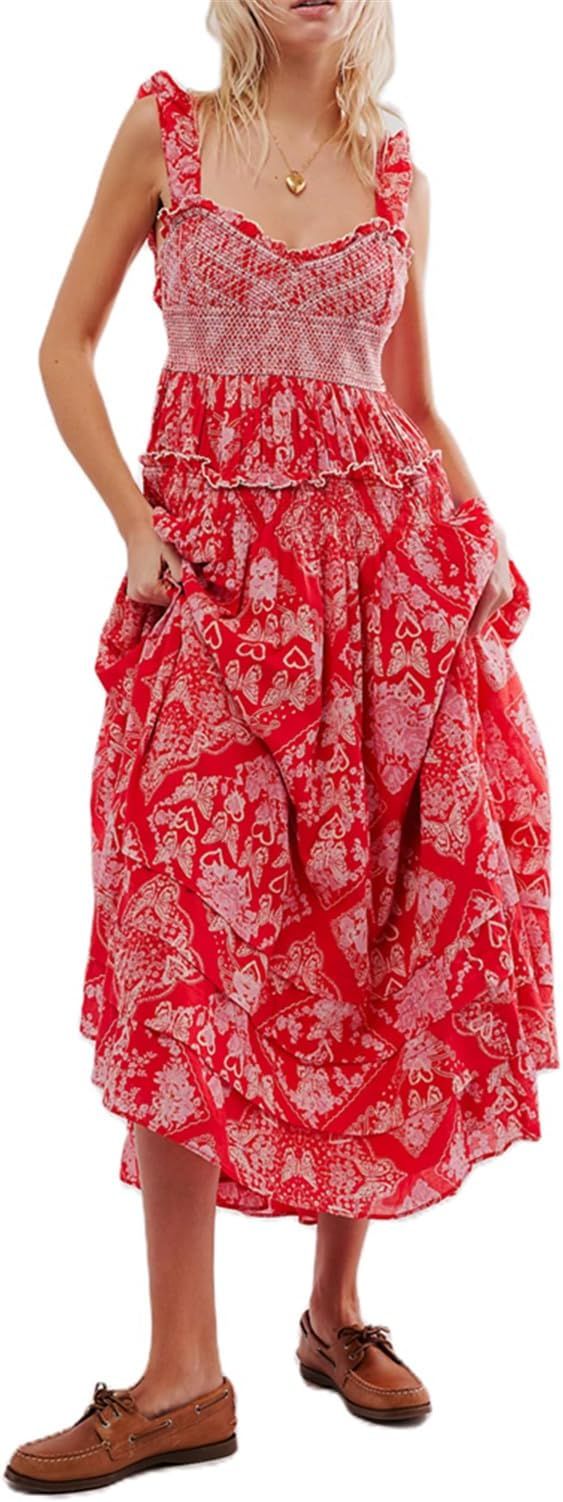 Women’s Floral Smocked Maxi Dress Boho Puff Sleeve Sweetheart A-Line Flowy Long Dresses Y2K Swi... | Amazon (US)
