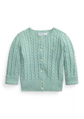 Ralph Lauren Childrenswear Baby Girl Mini-Cable Cotton Cardigan, Green, 12 Months | Belk