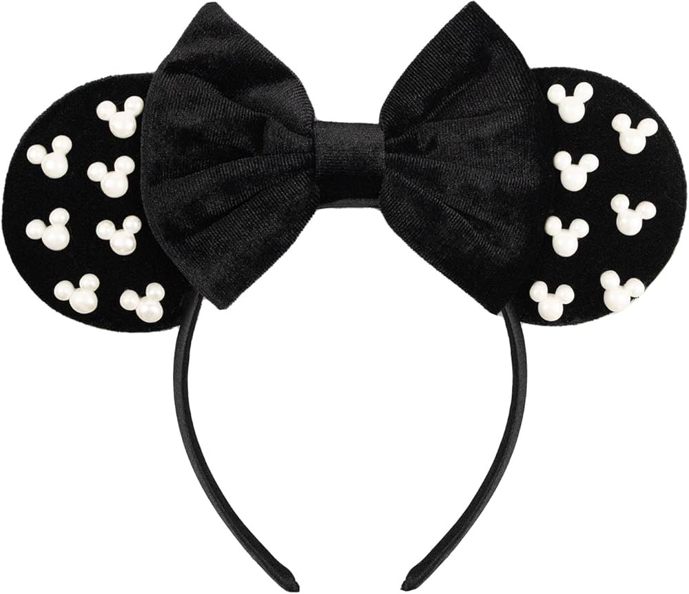 JIAHANG Velvet Mouse Ears Headband with Beads, Black Hair Bow Hairband with Pearls, Party Decorat... | Amazon (US)