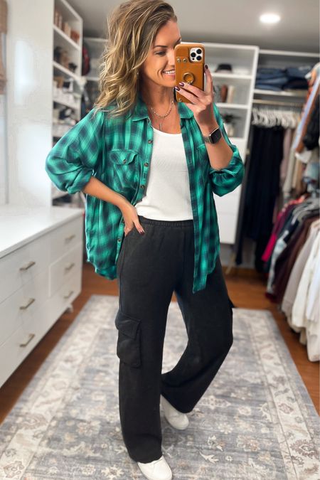 The comfiest sweatpants you will have ant in every color. Wearing small, run big. Size down if between. Linked new version of plaid button down  

#LTKstyletip #LTKSeasonal