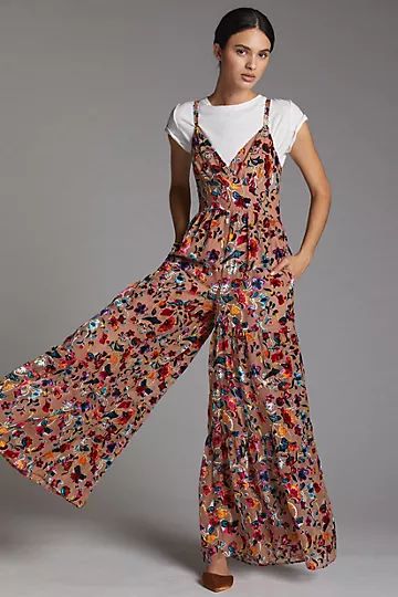 Flounced Floral Burnout Velvet Jumpsuit | Anthropologie (US)