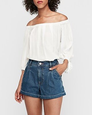 High Waisted Pleated Rolled Hem Denim Shorts | Express