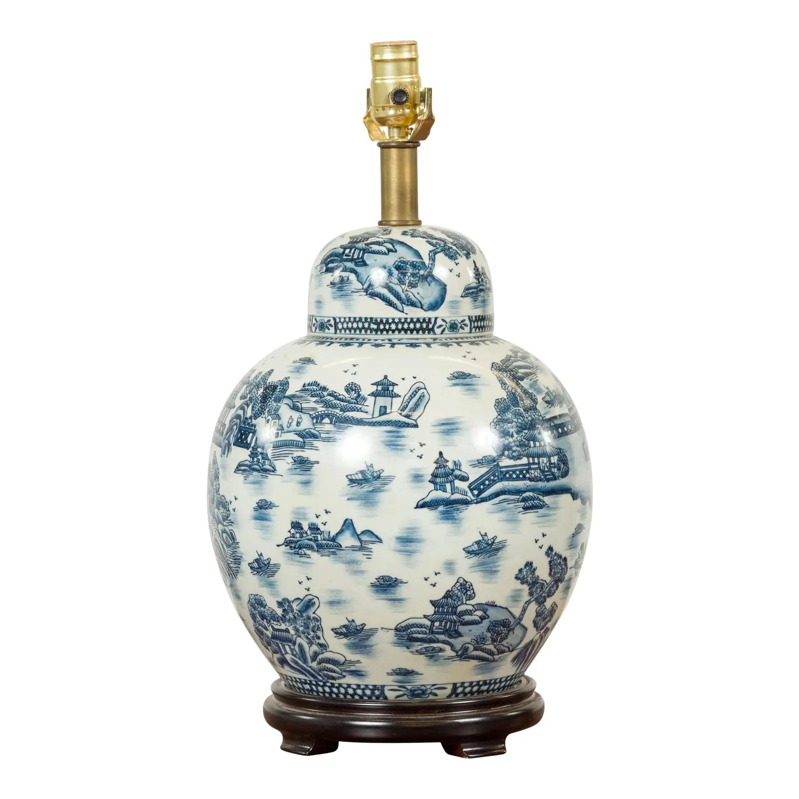 Mid 20th Century Vintage Chinese Blue and white Porcelain Lamp with Architectures and Landscapes | Chairish