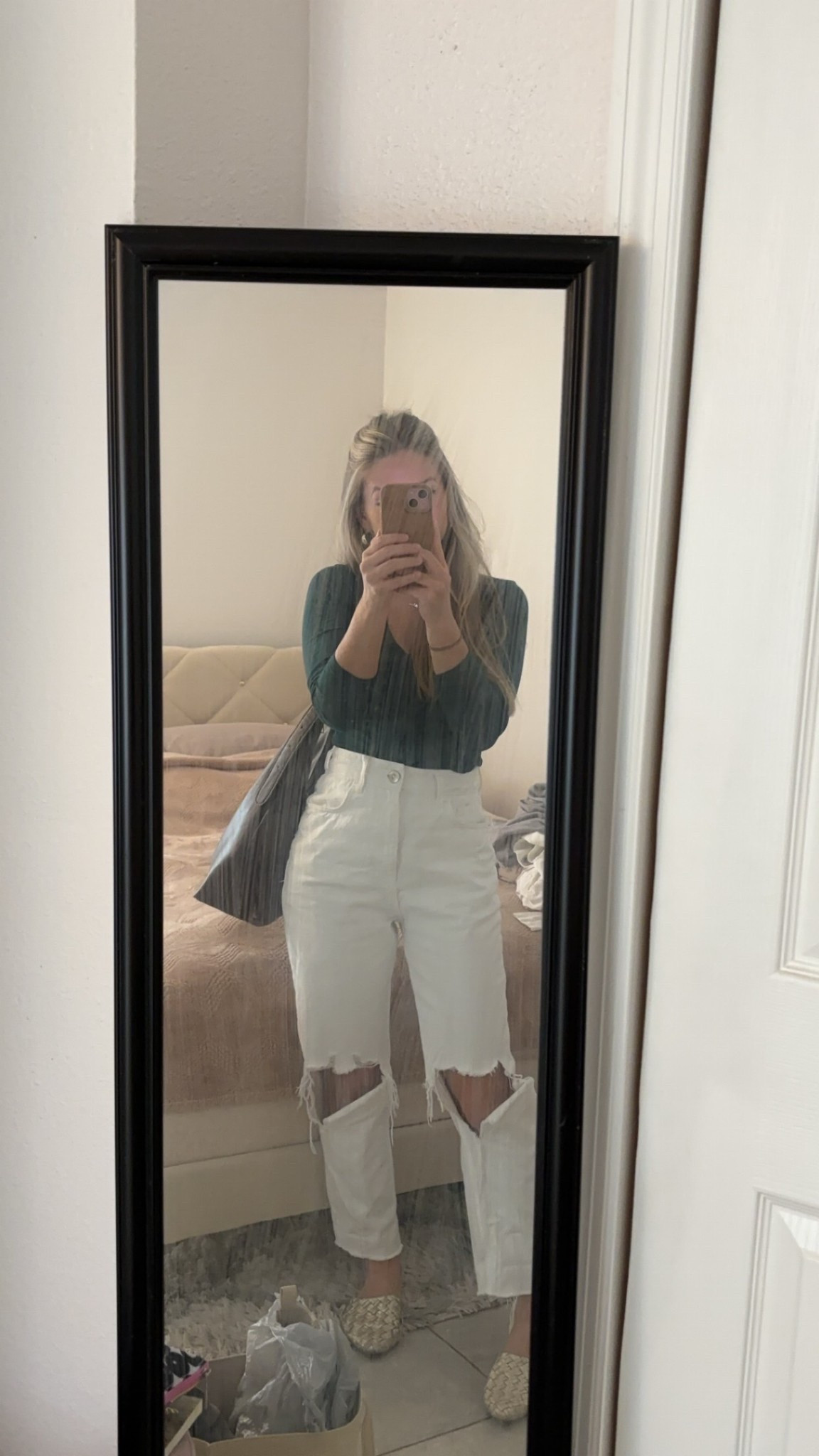 Early Christmas casual outfit with a green long sleeve top and white jeans🤍 

#LTKHoliday #LTKSeasonal #LTKStyleTip