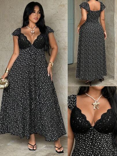 Rustia Plus Size Spring Summer Elegant Sexy Lace Polka Dot Fitted A-Line Elegant Cute Vintage Ruf... | SHEIN
