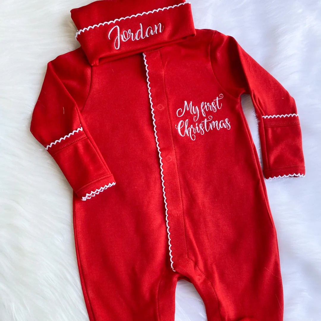 Embroidered Red Christmas Baby Outfit: Pima Cotton Personalized Pajamas - Etsy | Etsy (US)