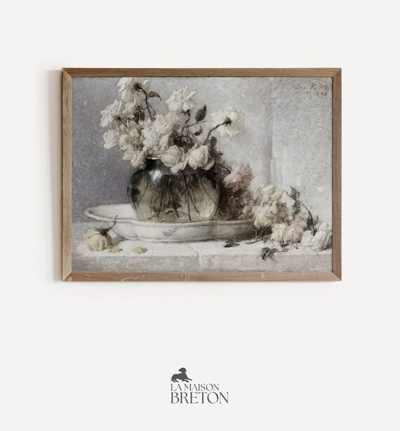 Flower Still Life Vintage Roses Painting Neutral Printable | Etsy (US)
