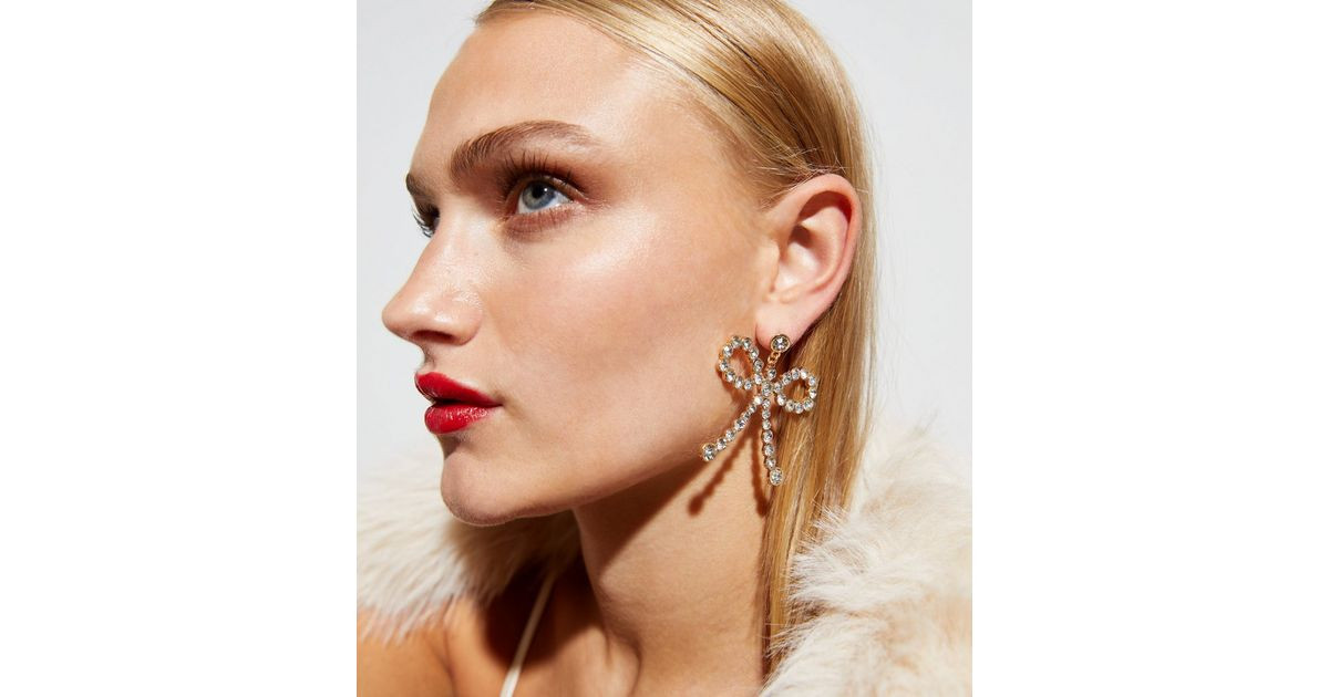 Silver Diamanté Bow Drop Earrings | New Look | New Look (UK)