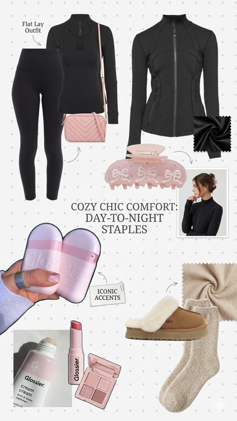 The ultimate "Off-Duty" uniform. ☁️✨ Transitioning from a morning Pilates flow to a cozy night in with these Gloss Bureau favorites. Obsessed with the pop of pink against the sleek black activewear. From the perfect claw clip to that essential Glossier glow, we’ve rounded up the staples you'll reach for daily. Tap to shop the full flat lay! #GlossBureau #CozyChic #AthleisureStyle #CleanGirlAesthetic #LTKunder100

#LTKBeauty #LTKgrwm #LTKmorningroutine