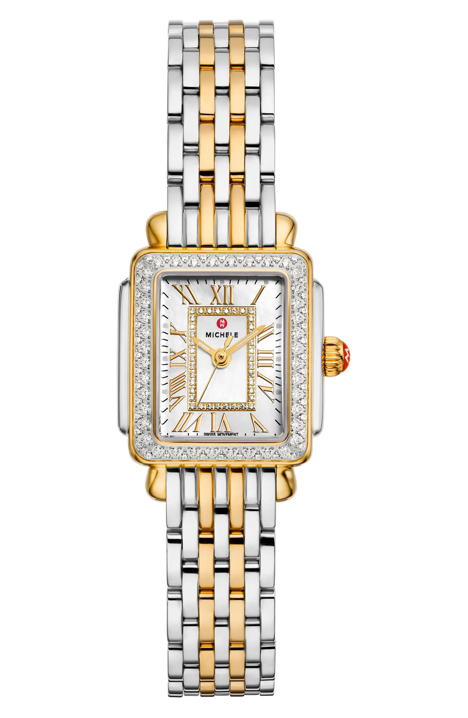 Mini Deco Madison Two-Tone 18K Gold Plate Diamond Bracelet Watch, 23mm x 24mm | Nordstrom