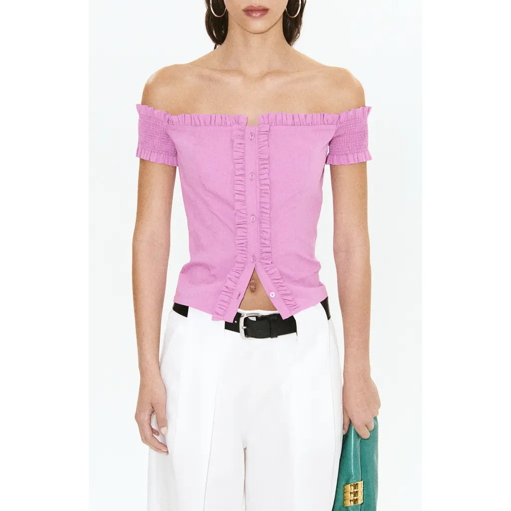 MANGO Featuring Hailey Bieber Dreyfus Off the Shoulder Shirt in Pastel Pink at Nordstrom, Size Small | Nordstrom