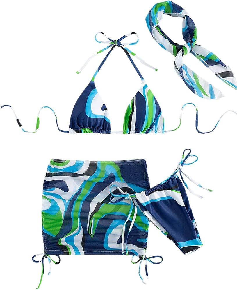 SOLY HUX Women's 4 Piece Swimsuits Triangle Bikini Bathing Suits with Mesh Beach Skirt & Bandana ... | Amazon (US)