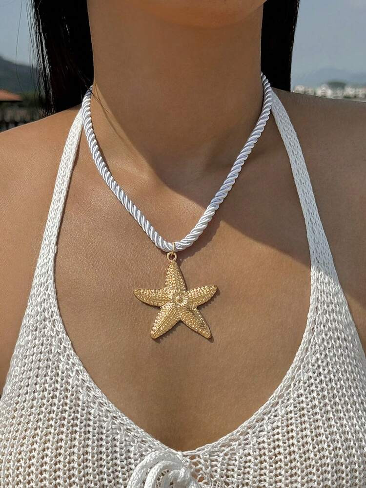 1pc Bohemian Style Polyester Rope Zinc Alloy Starfish Pendant Necklace, Perfect Gift For Beach Vacation | SHEIN