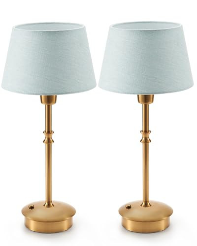 UMEXUS Small Cordless Lamp Rechargeable Table Lamps Set of 2, Dimmable Battery Operated Lights, Portable Accent Light for Side Table Restaurant Dining Outdoor, Blue Fabric Shade, Antique Brass | Amazon (US)