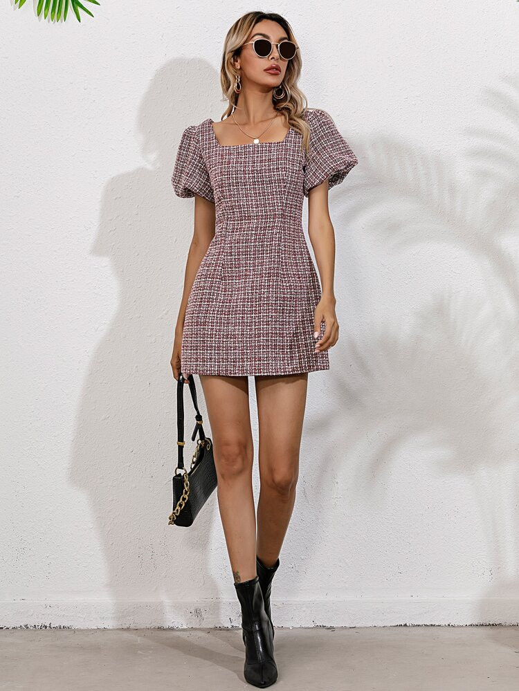 Puff Sleeve Tweed Dress | SHEIN