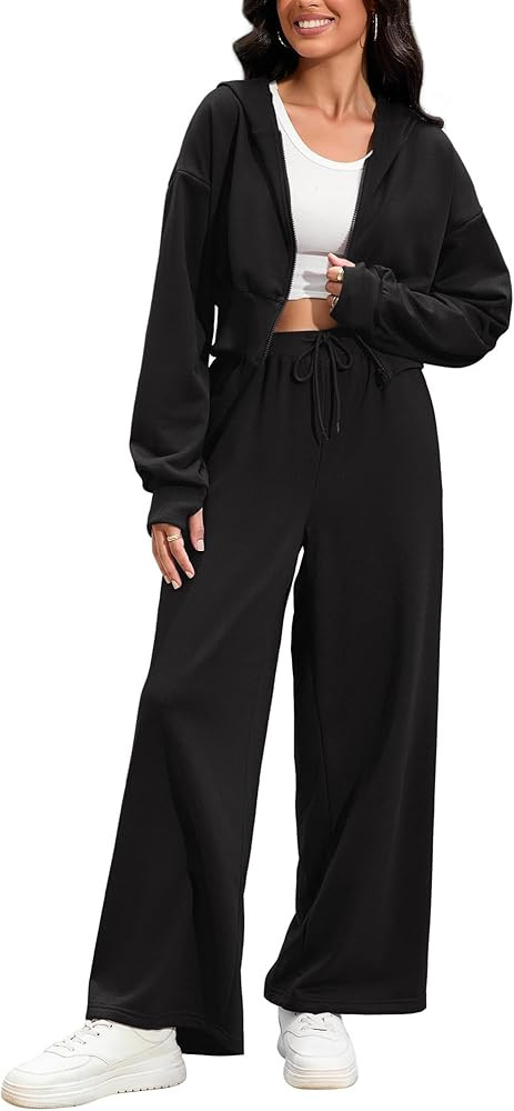 Women's 2 Piece Outfits Tracksuits Casual Cropped Hoodie Wide Leg Pants Travel Workout Lounge Set... | Amazon (US)