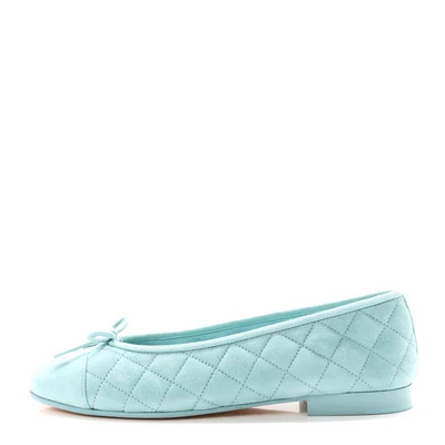 Chanel Suede Calfskin Quilted Cap Toe CC Ballerina Flats 38 Light Blue | FASHIONPHILE (US)