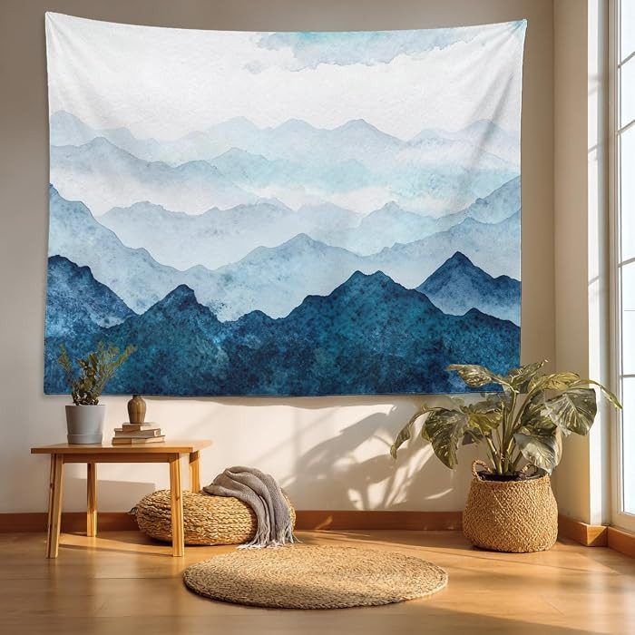 Batmerry Navy Blue Watercolor Mountains Tapestry, Sky Wall Art Hanging Decoration Polyester Fiber... | Amazon (US)