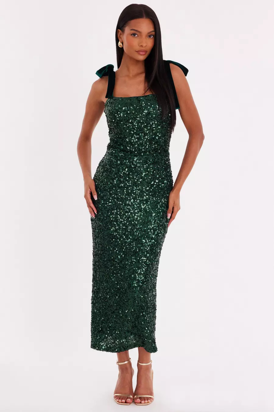 Green Sequin Bow Detail Midaxi Dress | Quiz Clothing