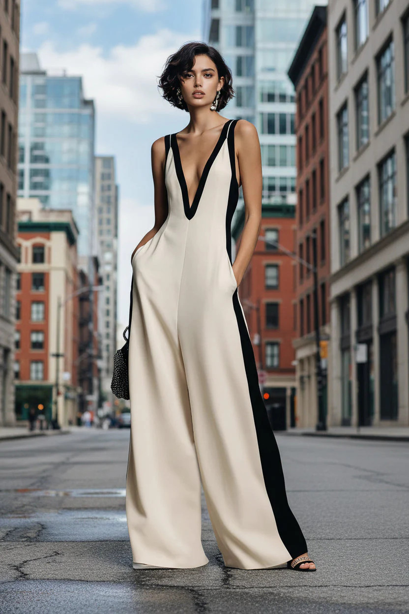 Women's Sleeveless V-Neck Contrast Color Wide-Leg Jumpsuit | Zulily