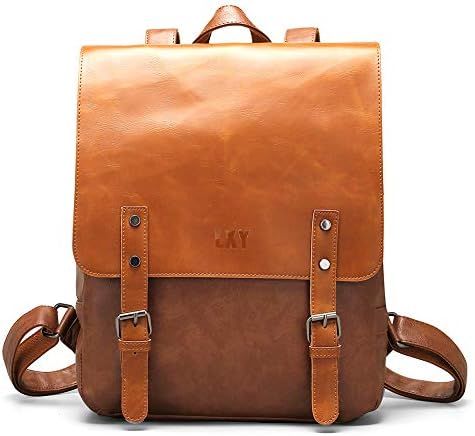 LXY Vegan Leather Backpack Vintage Laptop Bookbag for Women Men, Brown Faux Leather Backpack Purse C | Amazon (US)