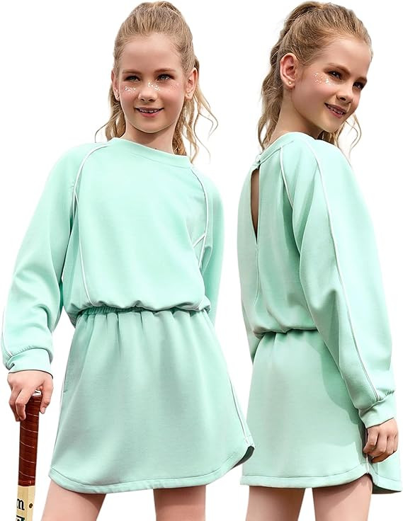 Girl Cropped Tracksuits 2 Piece Long Sleeve Skirt Sets Jogger Sweatshirt Open Back Skorts Set | Amazon (US)