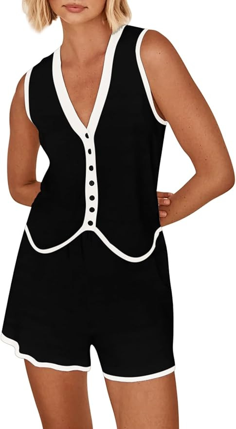 Pink Queen Vest Sets Women 2 Piece Outfits 2024 Summer Casual Knit Loungewear Sleeveless Button D... | Amazon (US)