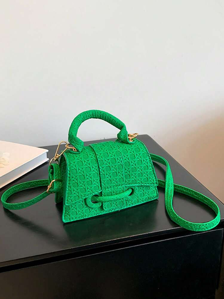 Green Drawstring, Personalized Lock Buckle Texture, Casual And Fashionable Plaid Single Shoulder Hand-Held Diagonal Cross Small Square Bag | SHEIN