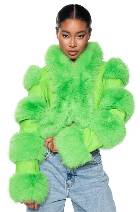 LOVERBOY FAUX FUR MOTO JACKET IN LIME | AKIRA
