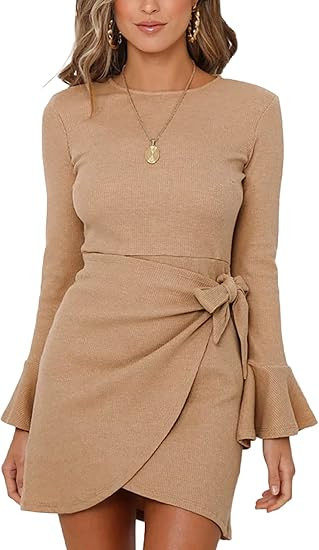 XIEERDUO Womens Wrap Dresses Tie Waist Bodycon Long Bell Sleeve Mini Dress | Amazon (US)