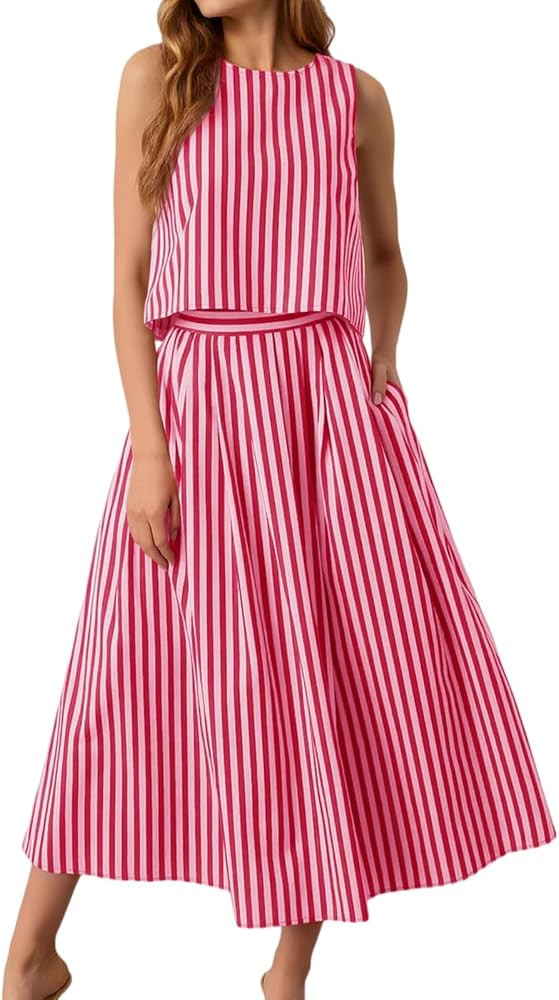 Womens 2 Piece Skirt Sets Summer Striped Skirt Sets Sleeveless Tank Tops Midi Dress Summer Outfit... | Amazon (US)
