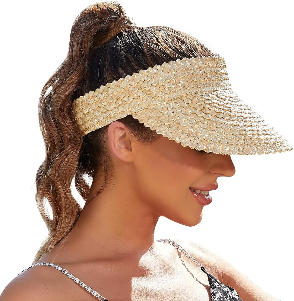 Straw Sun Visors & Hats for Women - Packable Beach Hats, Handmade, Sun Protection | Amazon (US)