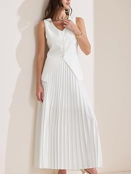 Allegra K Women's 2 Piece Summer Outfits V Neck Sleeveless Button Vest Maxi Pleated Skirts Set | Amazon (US)