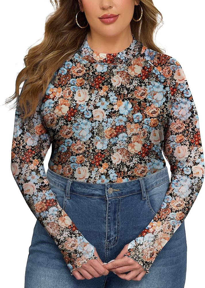 FOREYOND Plus Size Floral Mesh Tops for Women Mock Neck Long Sleeve Lace Sheer Shirts Slim Fitted... | Amazon (US)