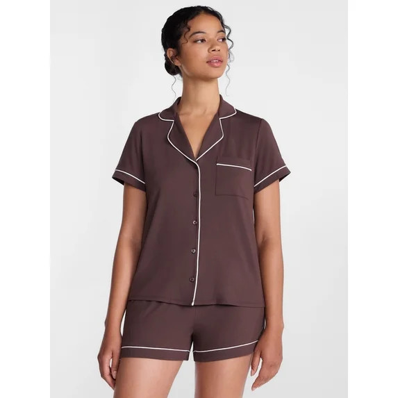 Joyspun Women\u2019s Dreamy Soft Collection Notch Collar Knit Top and Boxer Shorts, 2-Piece Pajam... | Walmart (US)
