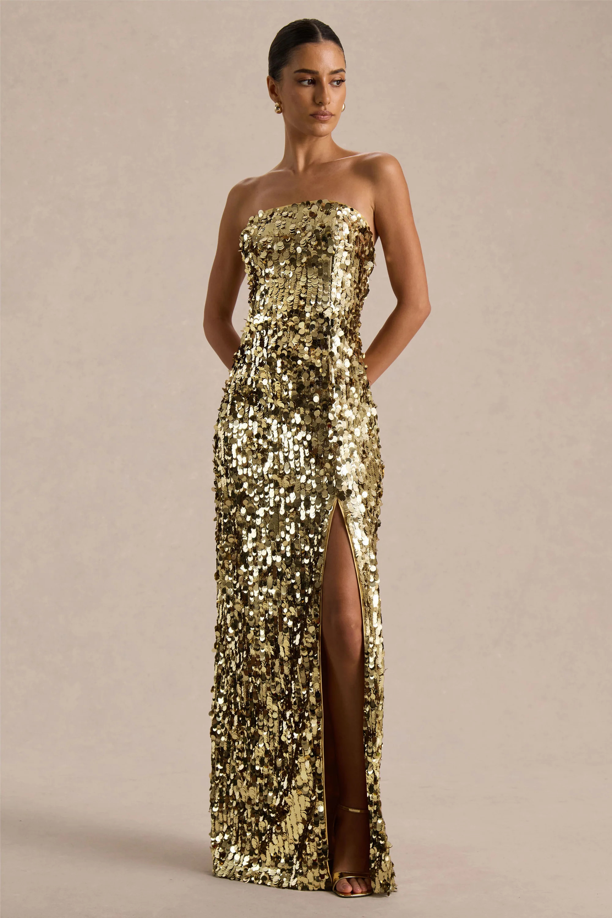 Nerea  Gold Sequin Bandeau Maxi Dress With Front High-Split | Club L London