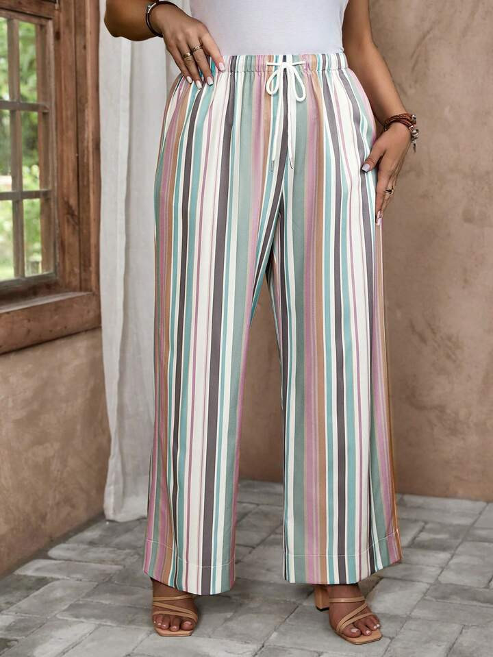 SHEIN LUNE Grote maten damesbroek met trekkoord in de taille, gestreepte wijde pijpen, casual bro... | SHEIN