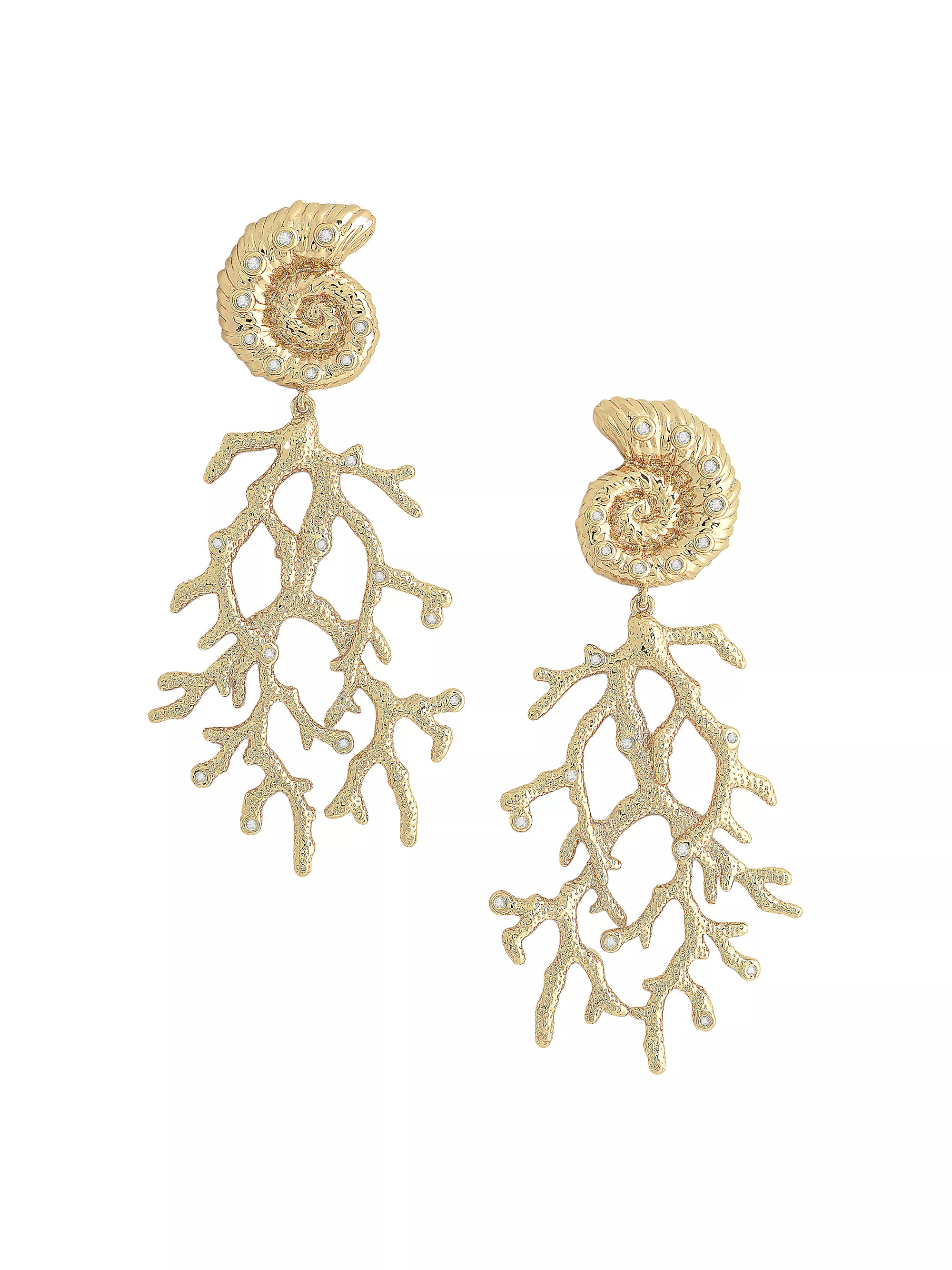 Ocean Shell With Coral 18K-Gold-Plated & Cubic Zirconia Drop Earrings | Saks Fifth Avenue