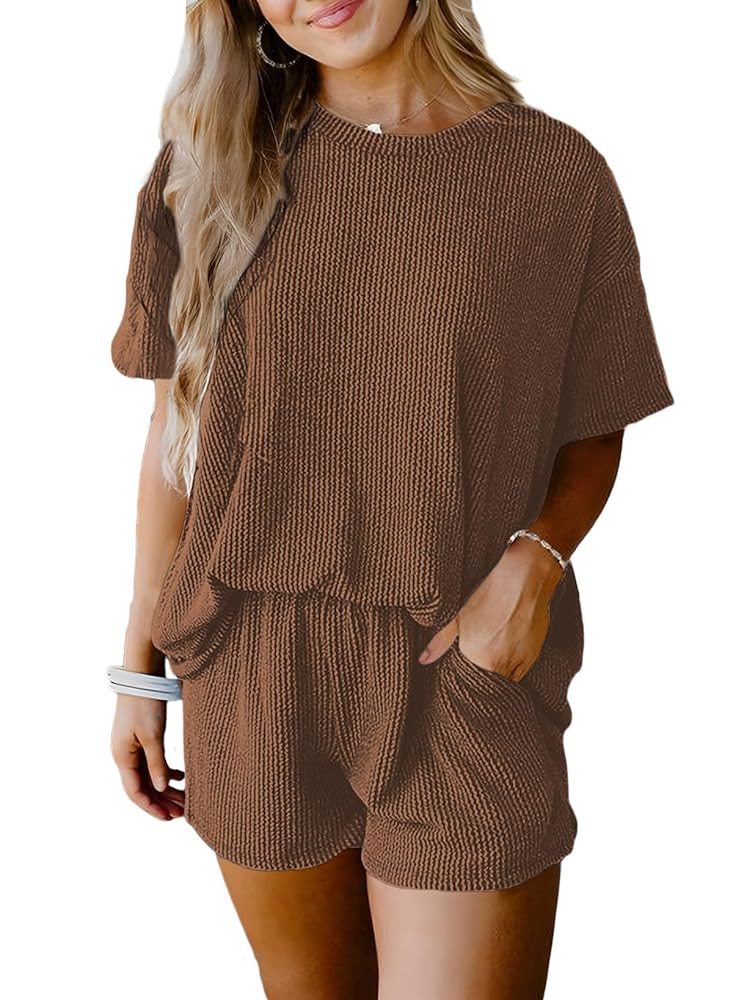 SHEWIN Two 2 Piece Sets for Women Short Sleeve Shirts High Waisted Shorts with Pockets Pajamas Lo... | Amazon (US)