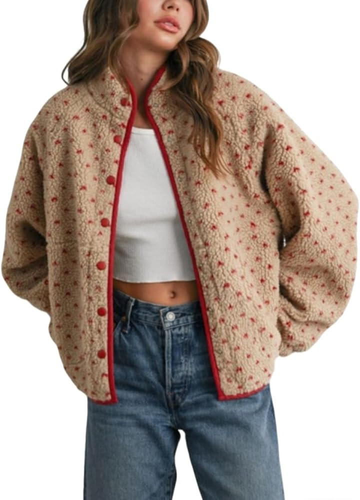 CHARTOU Women Sherpa Fleece Jacket Coat Band Collar Button Down Contrast Heart Quilted Outwear | Amazon (US)