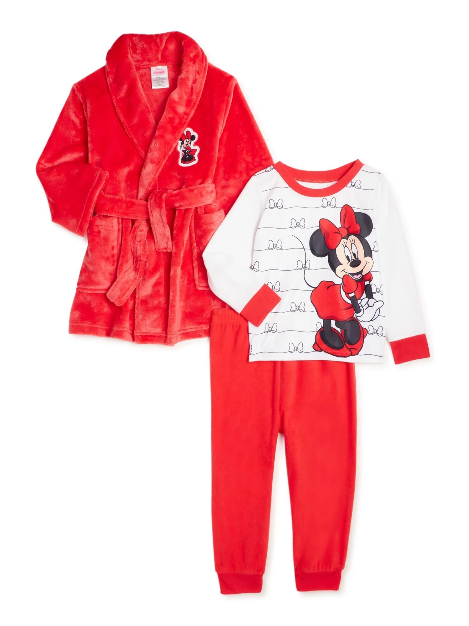 Disney Minnie Mouse Girls Long Sleeve Top, Pants and Robe, 3-Piece Pajama Set, Sizes 2T-5T | Walmart (US)
