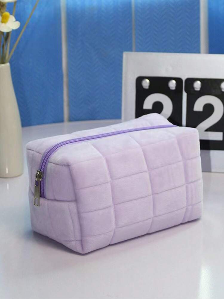 Checkered Pattern Makeup Bag, 1pc Exquisite Solid Color Minimalist Style Hairy Zipper Toiletries ... | SHEIN