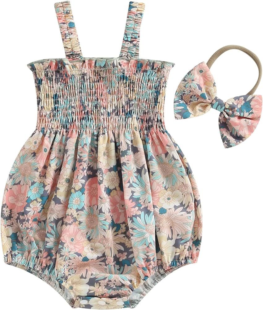 Fernvia Newborn Baby Girl Summer Clothes 3 6 12 18 Months Knit Floral Sleeveless Strap Romper Bod... | Amazon (US)