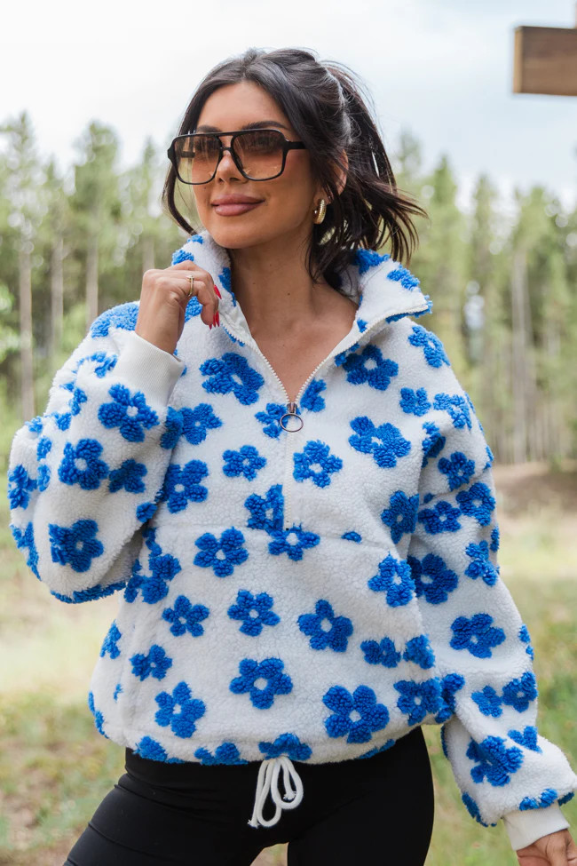 Playing For Keeps Blue and Ivory Floral Print Sherpa Pullover | Pink Lily