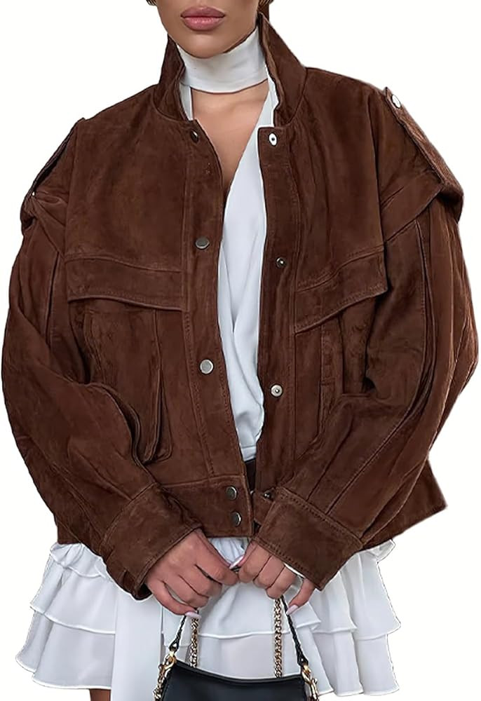 chouyatou Women's Fall Boyfriend Faux Suede Leather Jacket Oversized Business Casual Button Down ... | Amazon (US)