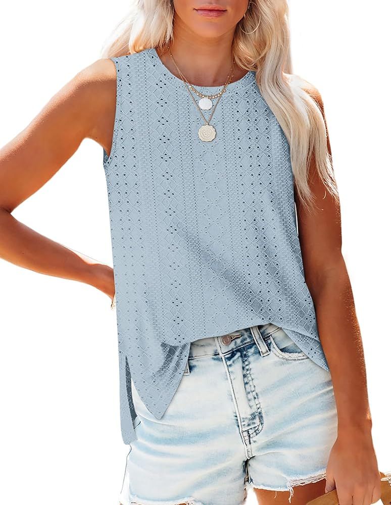 Amazon Fashion Women Tank Top Casual Summer Eyelet Sleeveless Tops Side Spl... | Amazon (US)