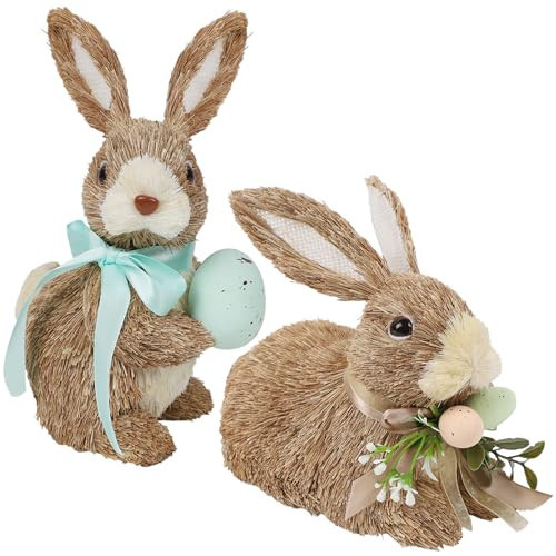 DR.DUDU Set of 2 Easter Decorations Bunny Figurines with Eggs, Spring Straw Rabbit Tabletop Decor, Rustic Sisal Bunny Statues Springtime Decor for Home Table Office Kitchen Farmhouse | Amazon (US)