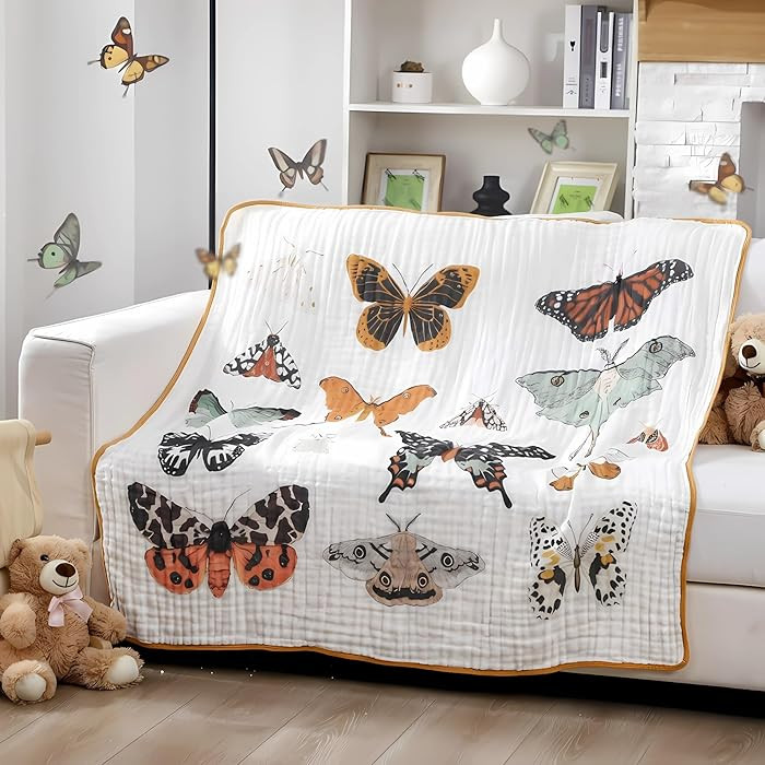 Butterfly Muslin Blanket 47 x 47 Inch Warm Soft Cotton Muslin Swaddle Blanket, Boho Nursery Swadd... | Amazon (US)