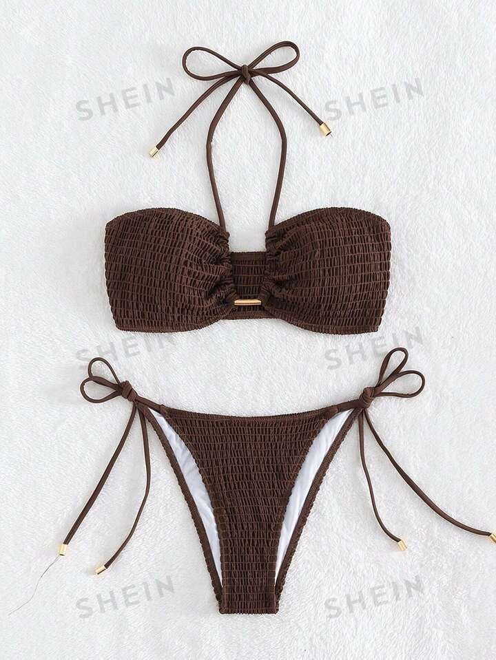 SHEIN Swim Smocked Tie Side Bikini Swimsuit | SHEIN